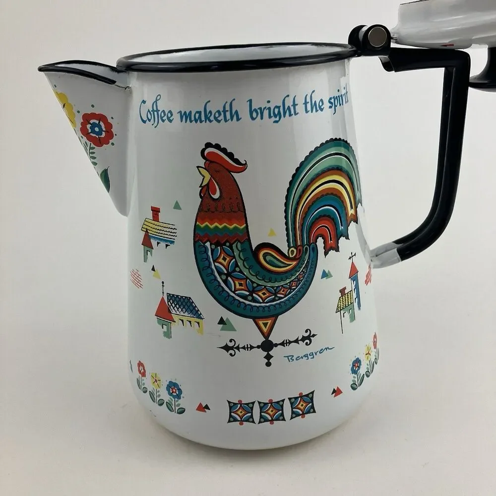 Rooster White Enamel Coffee Pot w/ Lid Decor 'Coffee Maketh Bright The Spirit